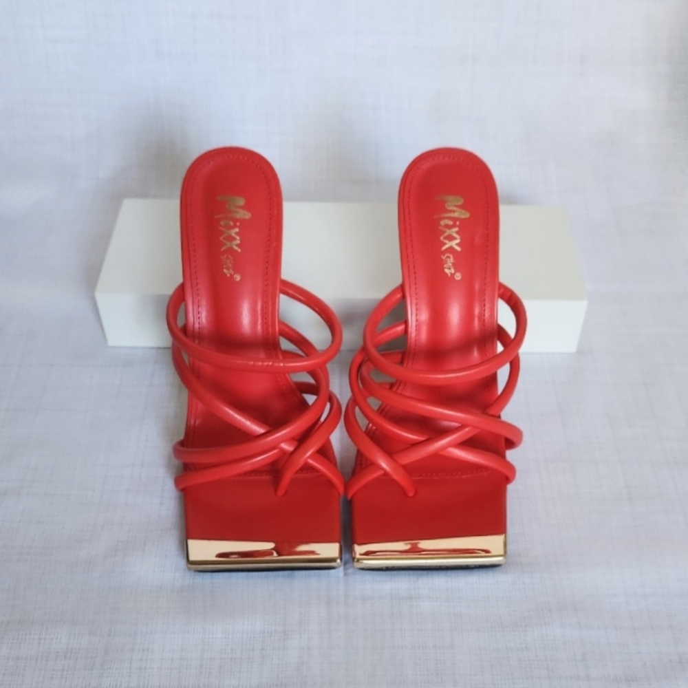 Miss Lola Red Strappy Square Toe High Heels with Gold Accents - Picture 4 of 8
